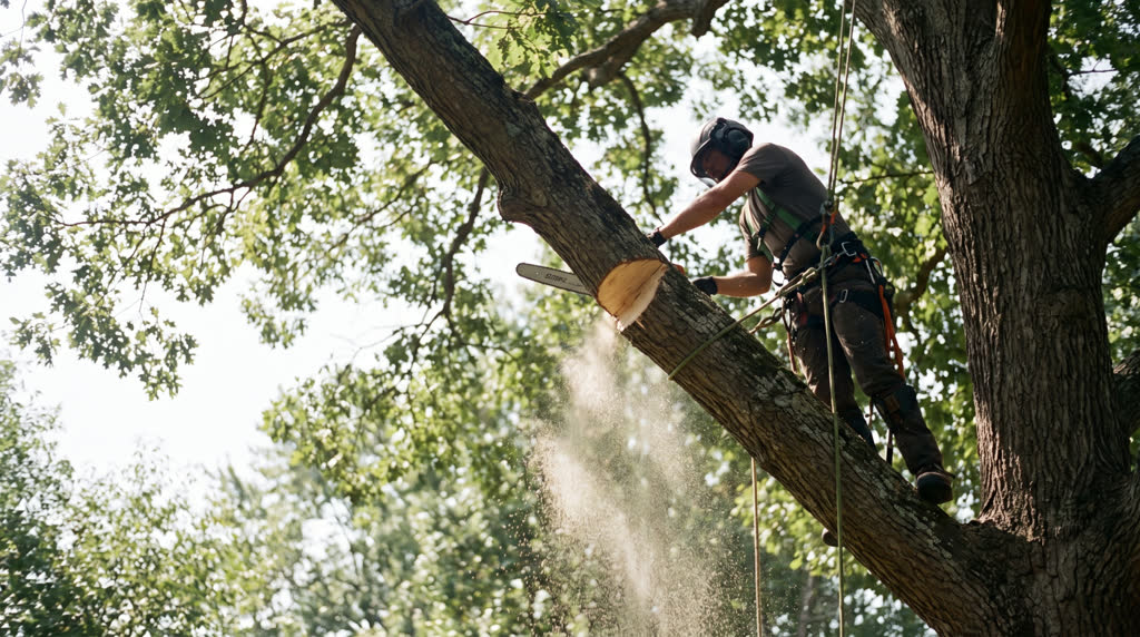 A climber making a cut high in the tree
