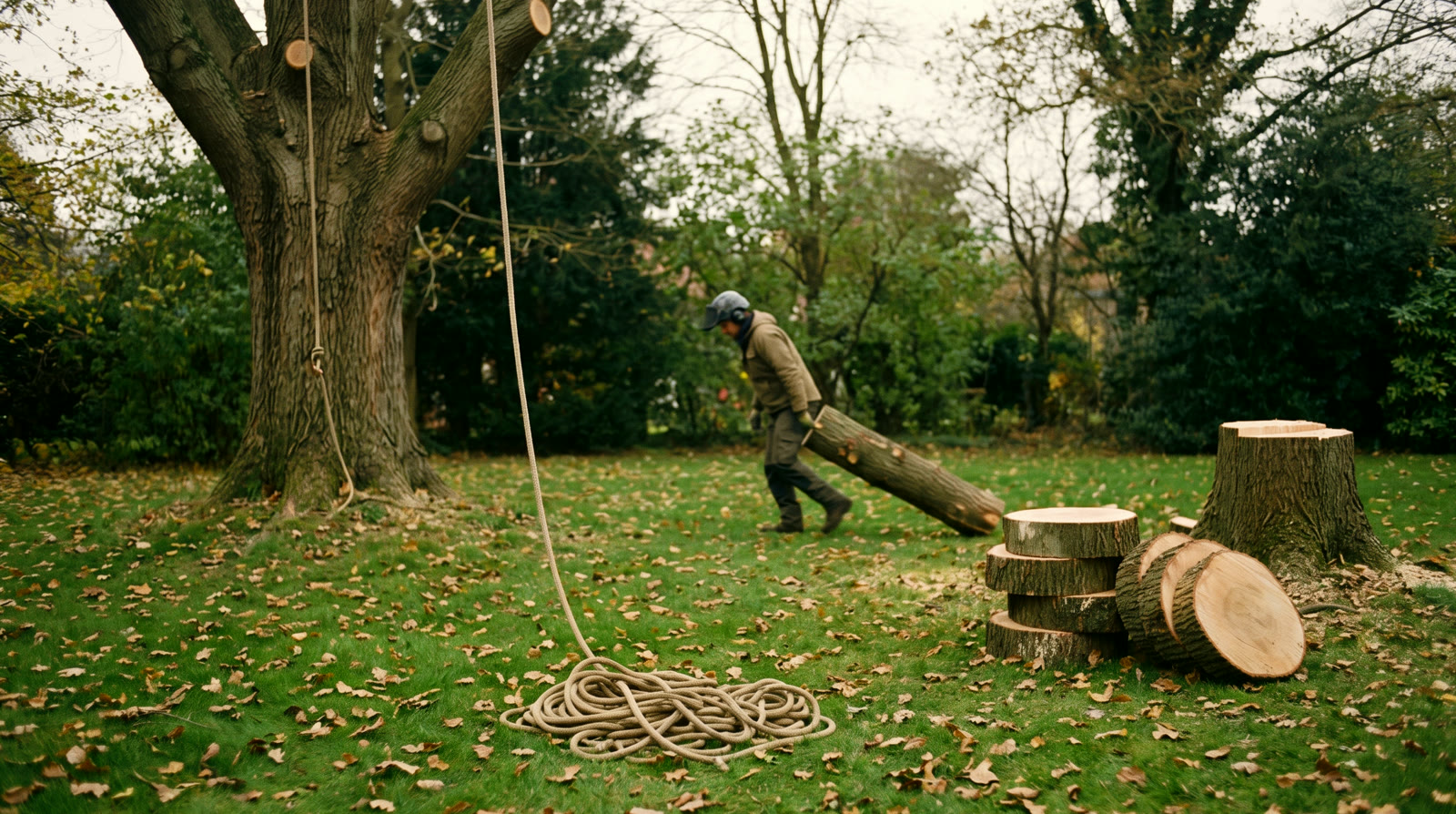 A ground crew member dragging a round to the pile, the lowering line coiled
