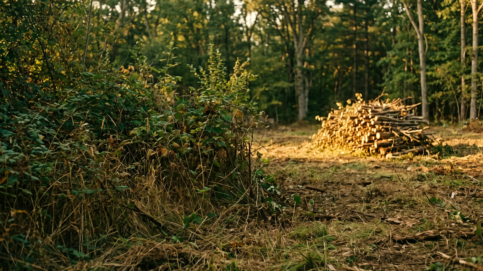 A half-cleared lot with the brush stacked in evening light