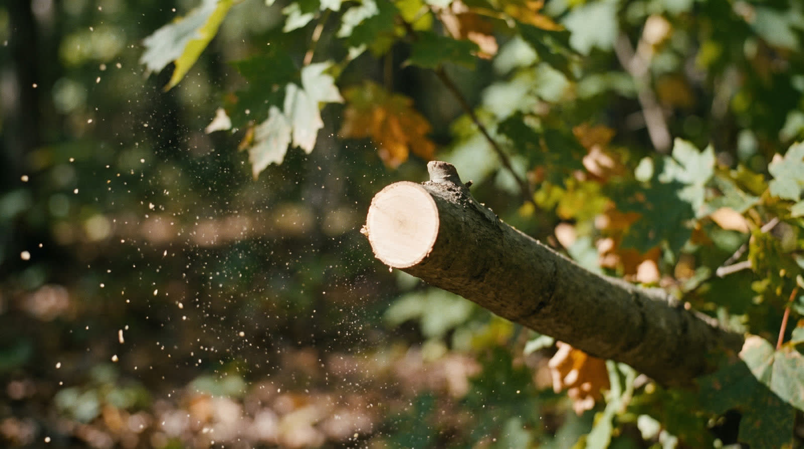 A clean pruning cut on a maple limb with fine sawdust settling